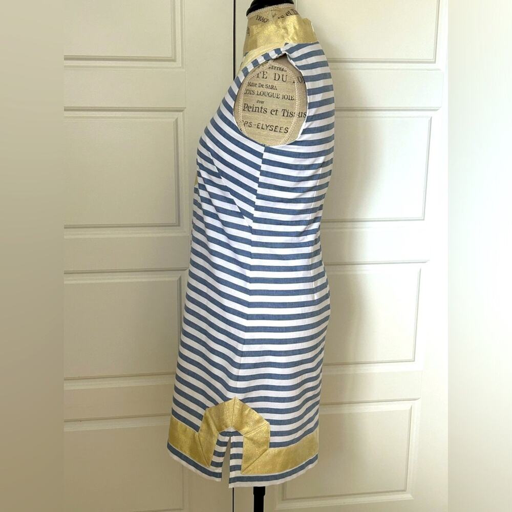 Eliza J Striped Mandarin Collar Sleeveless Shift Dress in Blue White coastal s 2 - Picture 5 of 9